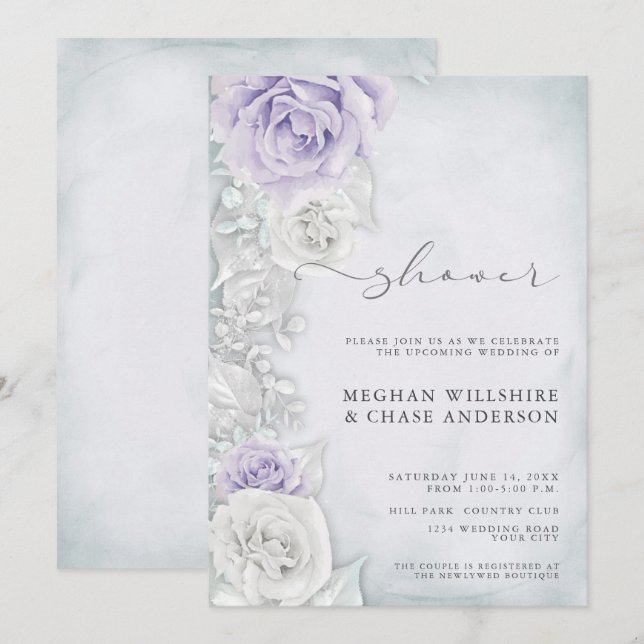 Invitation Élégant Wedding shower Lilac et Roses Blanches (Devant / Derrière)