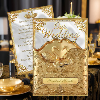 Invitation Elegant Wedding White Swans Rings Gold Diamonds