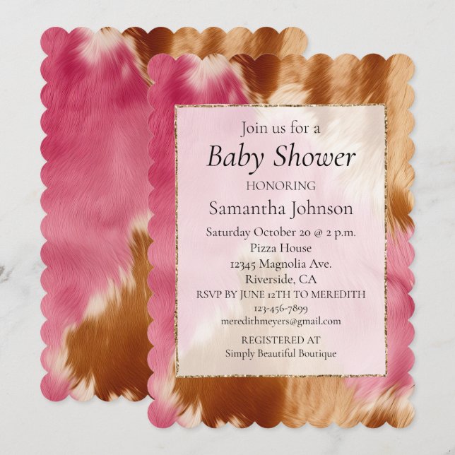 Invitation Élégant Western Pink Cream Gold Cowgirl Cowhide (Devant / Derrière)