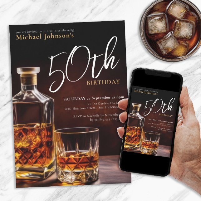 Invitation Elégant Whiskey Black Gold 50e anniversaire (Elegant 50th Birthday Whiskey Black Gold Invitation)