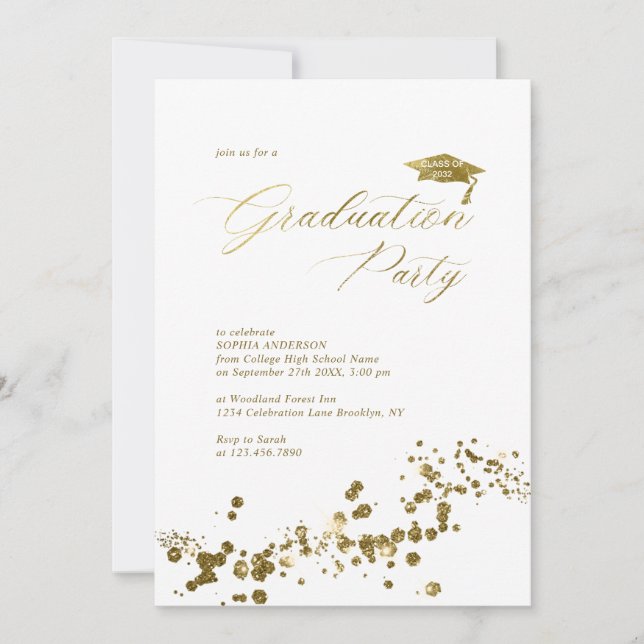 Invitation Élégant White Gold Dust Confetti Graduation (Devant)