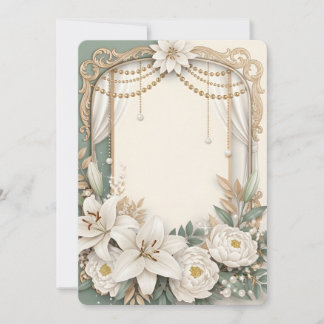 Invitation Elegant White Lily & Peony Floral Frame with Gold 