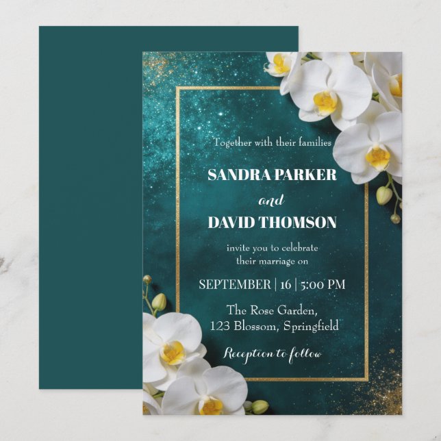 Invitation elegant white orchid blooms wedding (Devant / Derrière)