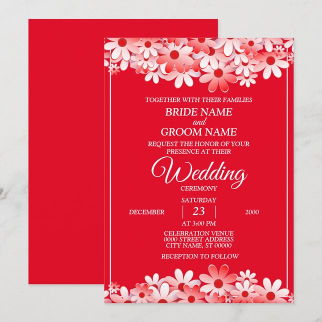 Invitation Elegant White Red Floral Wedding (Devant / Derrière)