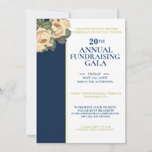 Invitation Elégant White & Royal Blue Gala de collecte de fon