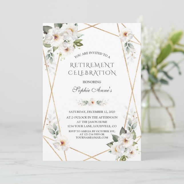 Invitation Élégant White Wild Rose Gold Retraite Party (Debout devant)