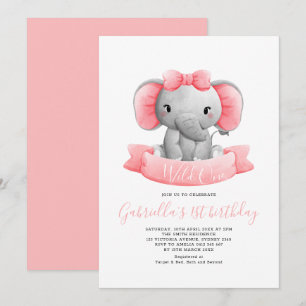 Invitation Elégant Wild One Elephant Girl 1er anniversaire