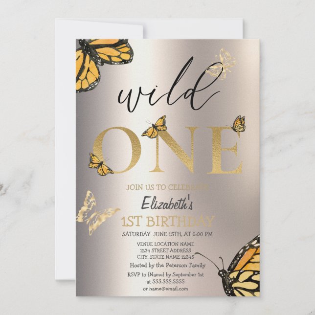 Invitation Elégant Wild One Gold Butterflies Anniversaire (Devant)