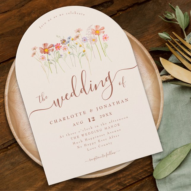 Invitation Elegant Wildflower Boho Beige Terracotta Wedding (Elegant Wildflower boho fall floral beige Wedding arch invitation whimsical Elegant modern script)