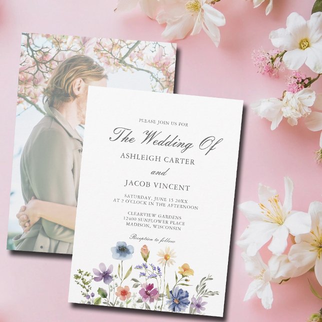 Invitation Elegant Wildflower Spring Wedding with Photo Back (Créateur téléchargé)