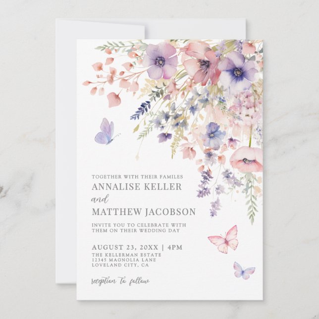 Invitation Elegant Wildflower Watercolor Floral Wedding (Devant)