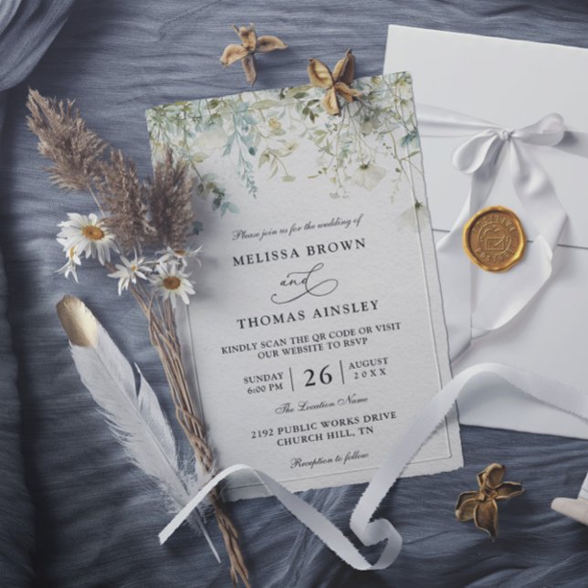 Invitation Elegant Wildflowers Rustic Budget QR Code Wedding (Créateur téléchargé)
