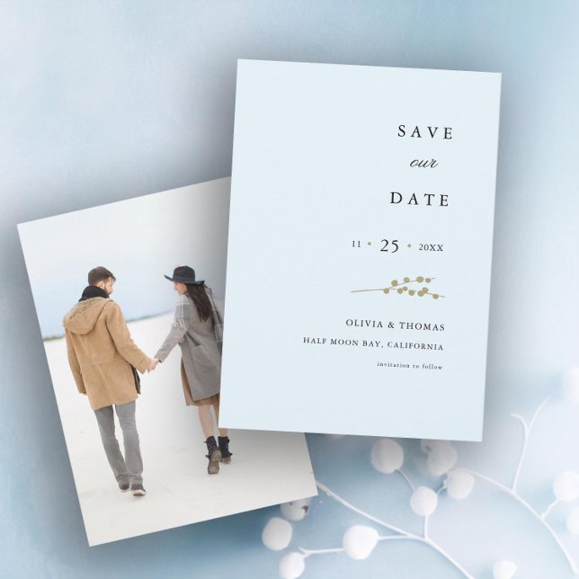 Invitation Elégant Winter Berries Photo Wedding Enregistrer l (winter wedding save the date ice blue gold berries botanical elegant modern classic simple classy)