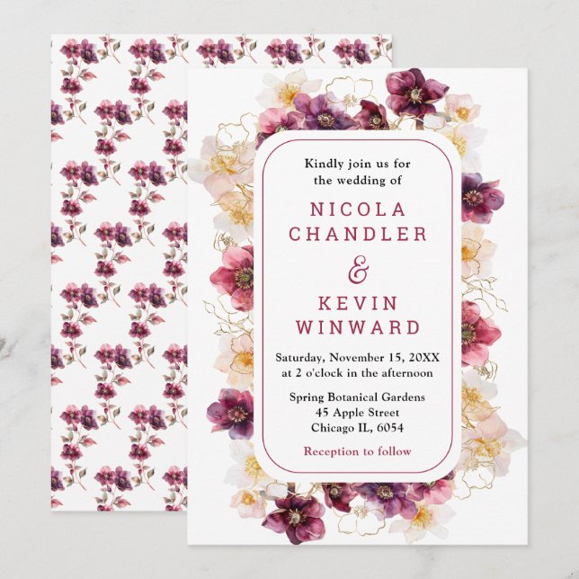 Invitation Elegant Winter Hellebore Floral Burgundy Wedding (Devant / Derrière)