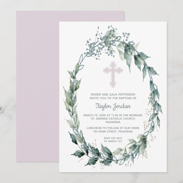 Invitation Élégant Wreath Pink Cross Baptisme (Devant / Derrière)