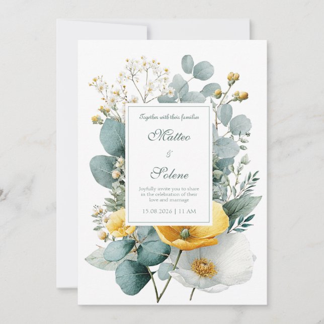 Invitation Elegant Yellow White Poppy Eucalyptus Watercolor (Devant)
