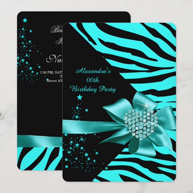 Invitation Elégant Zebra Turquoise Argent Coeur Bijou Anniver (Devant / Derrière)