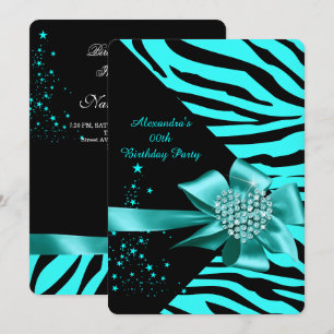 Invitation Elégant Zebra Turquoise Argent Coeur Bijou Anniver