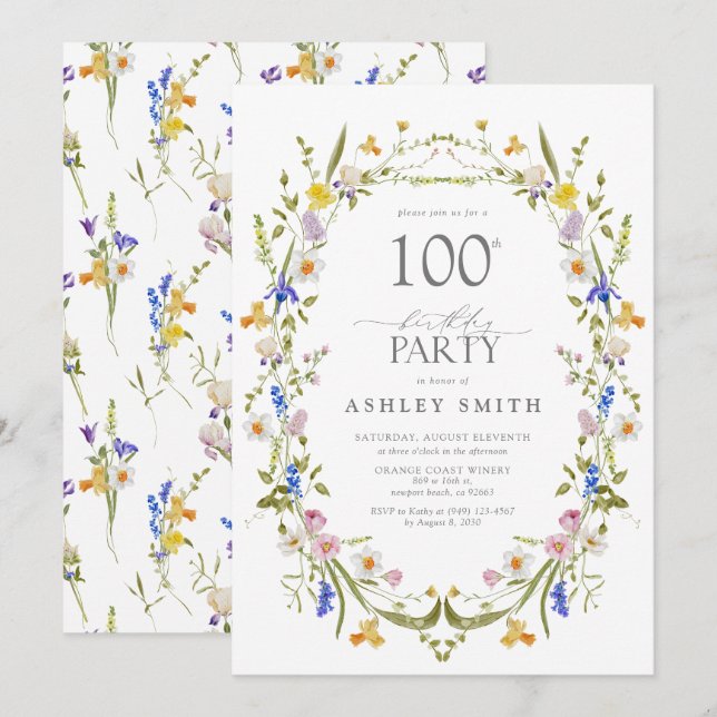 Invitation Elégante 100e fête d'anniversaire aquarelle floral (Devant / Derrière)