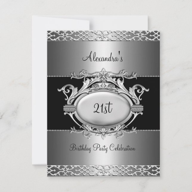 Invitation Élégante 21e fête d'anniversaire Silver Black (Devant)