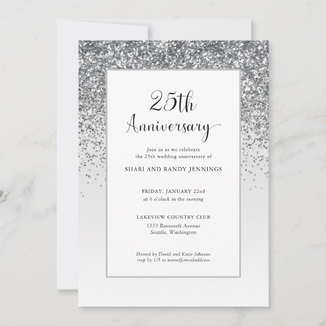 Invitation Élégante 25e Anniversaire de Mariage Paillettes Ar (Devant)