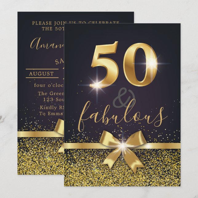 Invitation Élégante 50 et fabuleuse Parties scintillant d'or  (Devant / Derrière)