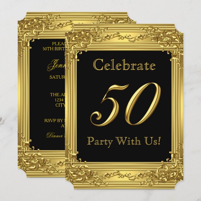 Invitation Élégante 50e Anniversaire de la fête Or 50 Noir 2 (Devant / Derrière)
