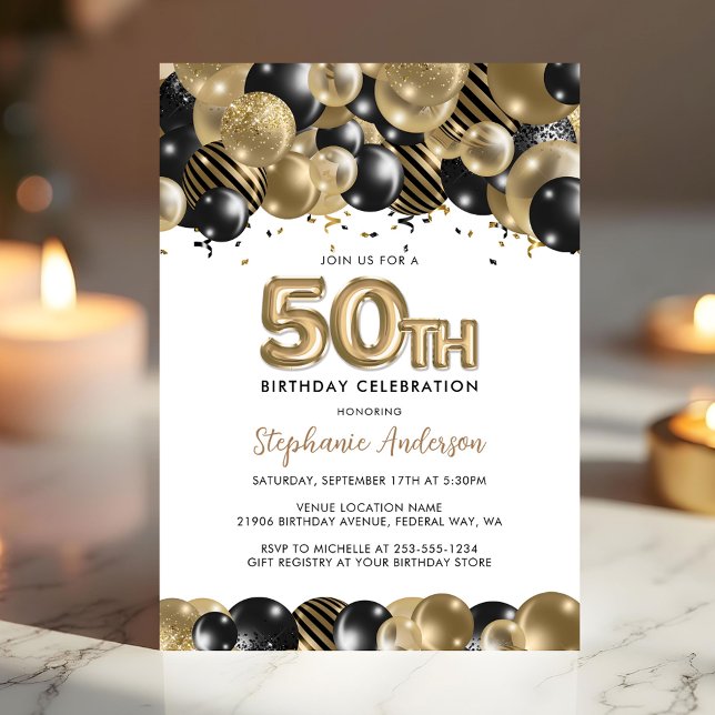 Invitation élégante 50e anniversaire or noir paill (Elegant Gold Black Glitter 50th Birthday Invite)