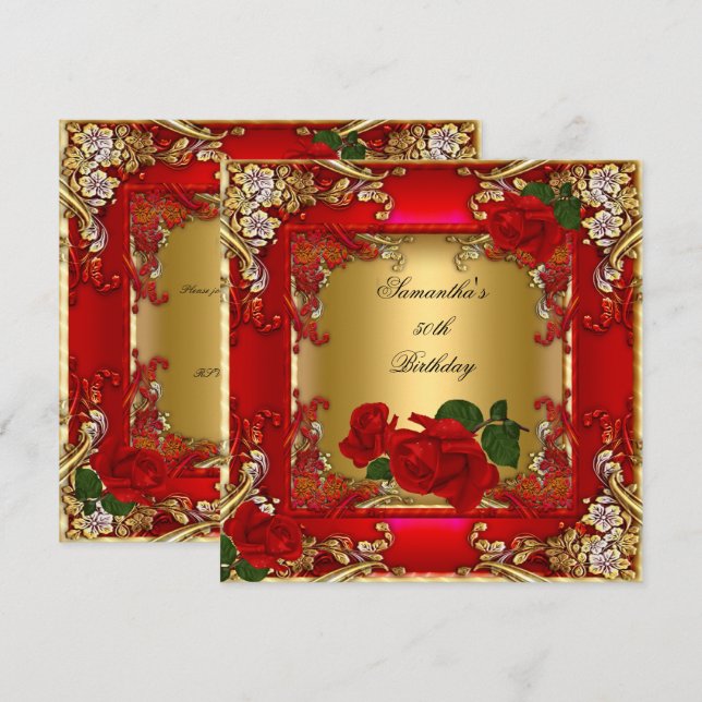 Invitation Élégante 50e Anniversaire Soirée Gold Rose rouge (Devant / Derrière)