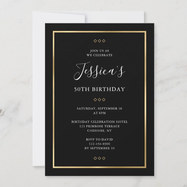 Invitation Élégante 50e Black Gold 50e fête d'anniversaire (Devant)
