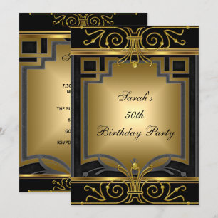 Invitation Elégante 50e fête d'anniversaire Gold Black Art Dé