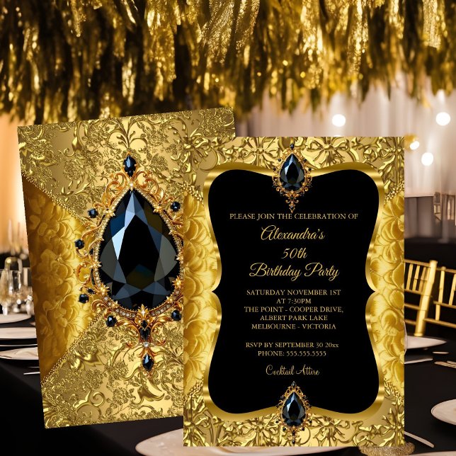 Invitation Élégante 50e fête d'anniversaire Gold Floral Gold  (Créateur téléchargé)