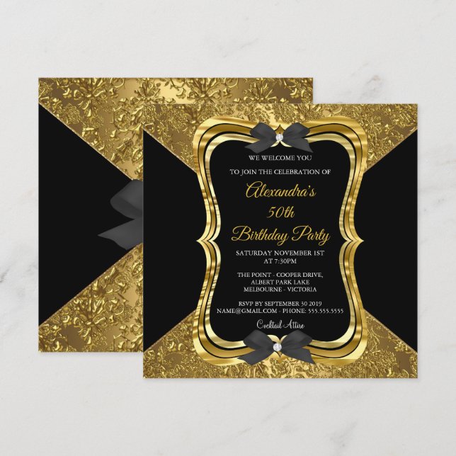 Invitation Élégante 50e fête d'anniversaire Gold Noir doré (Devant / Derrière)