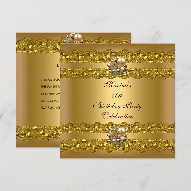 Invitation Élégante 50e fête d'anniversaire Gold Pearl Jewel (Devant / Derrière)