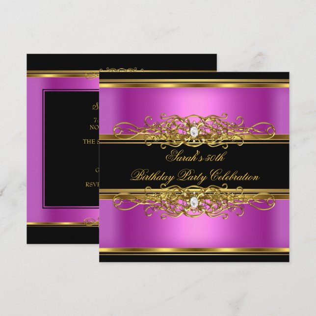 Invitation Élégante 50e fête d'anniversaire Gold rose noir (Devant / Derrière)