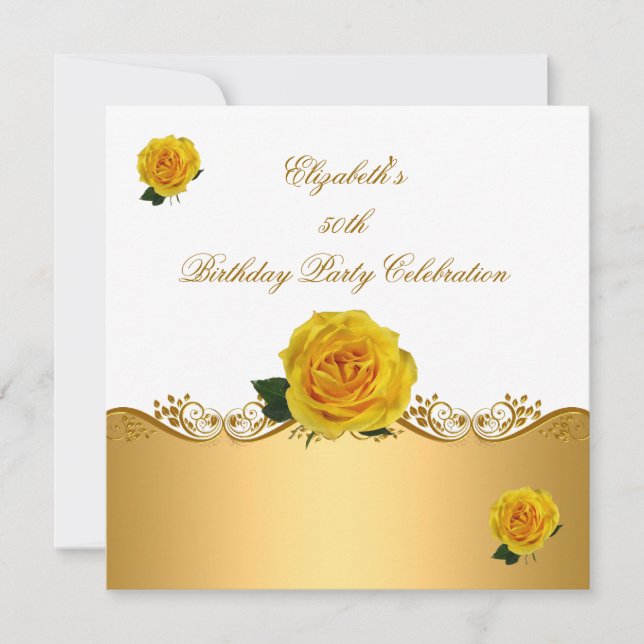 Invitation Élégante 50e fête d'anniversaire Gold Yellow Roses (Devant)