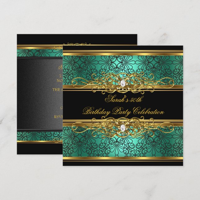 Invitation Élégante 50e fête d'anniversaire Jade Green Gold D (Devant / Derrière)