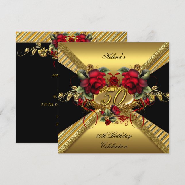 Invitation Élégante 50e fête d'anniversaire Red Roses Or Noir (Devant / Derrière)