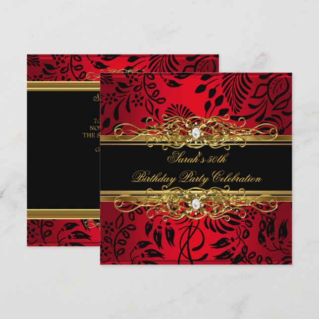 Invitation Élégante 50e fête d'anniversaire Rouge Black Gold  (Devant / Derrière)