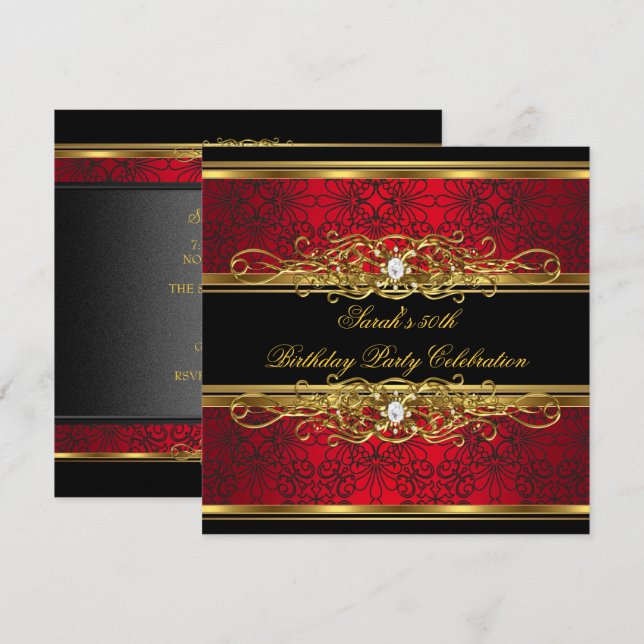 Invitation Élégante 50e fête d'anniversaire Rouge Black Gold  (Devant / Derrière)