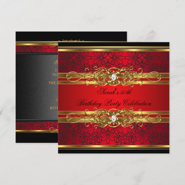 Invitation Élégante 50e fête d'anniversaire Rouge Noir Or 2 (Devant / Derrière)