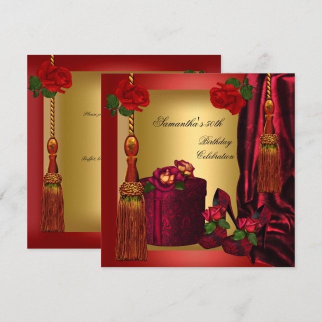 Invitation Élégante 50e fête d'anniversaire Rouge Rose Or 4 (Devant / Derrière)
