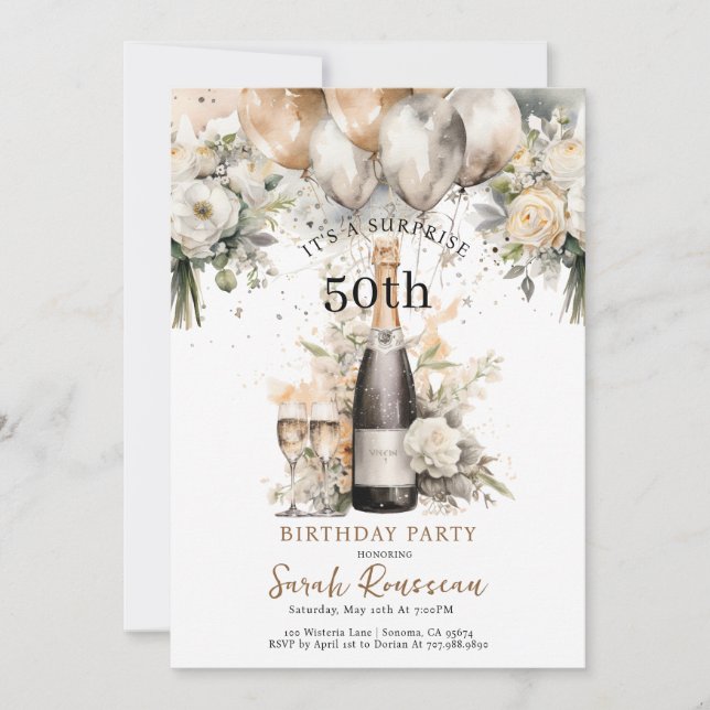 Invitation Élégante 50e fête d'anniversaire surprise | Champa (Devant)