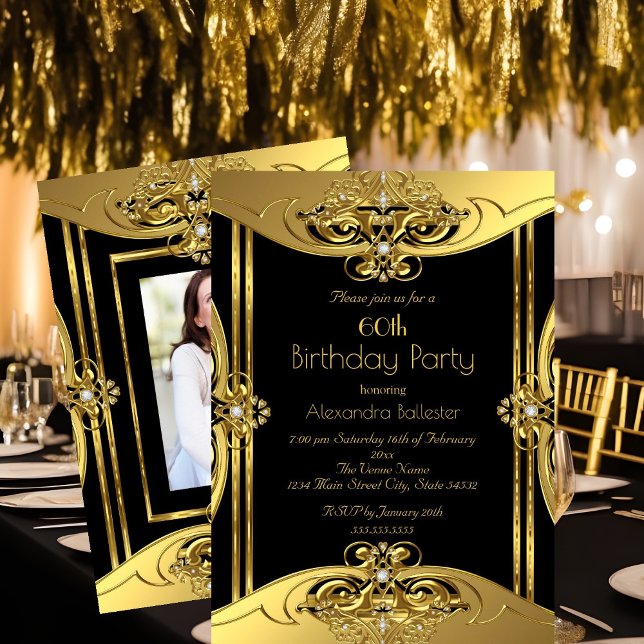 Invitation Élégante 60e anniversaire de la fête Photo Gold Bl (Créateur téléchargé)