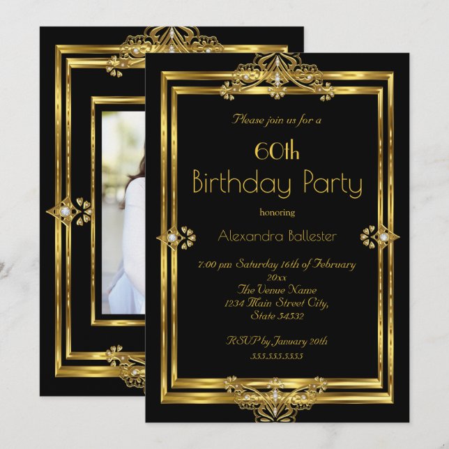 Invitation Élégante 60ème anniversaire de la fête Photo Black (Devant / Derrière)