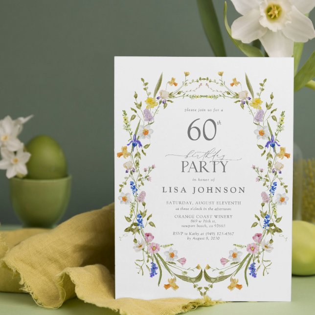 Invitation Elégante 60ème anniversaire fête florale aquarelle (Easily personalize this beautiful birthday invitation for a memorable milestone!)