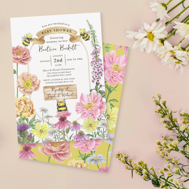 Invitation Elégante abeille jaune et Baby shower Fleur sauvag (Créateur téléchargé)