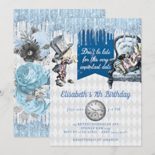 Invitation Elégante Alice de glace bleue au Wonderland Party