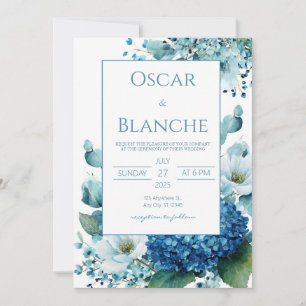 Invitation Élégante Anémone Hydrangea Bleu Aquarelle Mariage