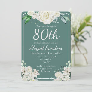 Invitation Elégante Aqua Rose Floral 80e fête d'anniversaire